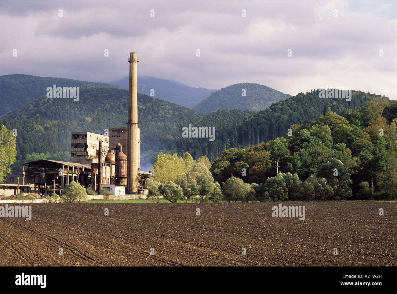 Era comunista di fabbrica e foresta, Carpazi, Romania, Europa Foto Stock