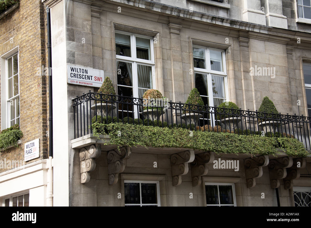 Piante sul balcone del Vittoriano casa a schiera a Wilton Crescent Belgravia London SW1 Inghilterra Foto Stock