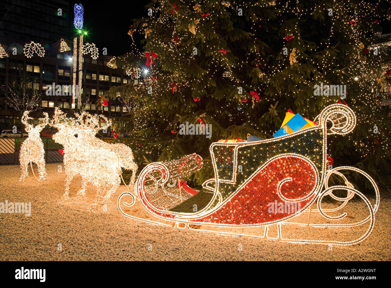 La renna e slitta le luci di Natale in George Square, Glasgow, Scozia. Foto Stock