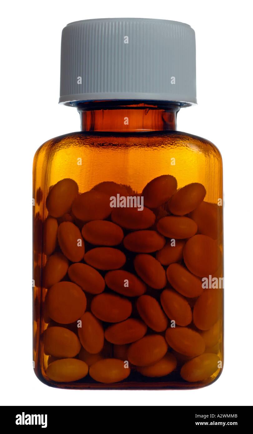 Bottiglia di pillola compresse pillole generiche su sfondo bianco, pillola bottiglia compresse, tagliate Foto Stock