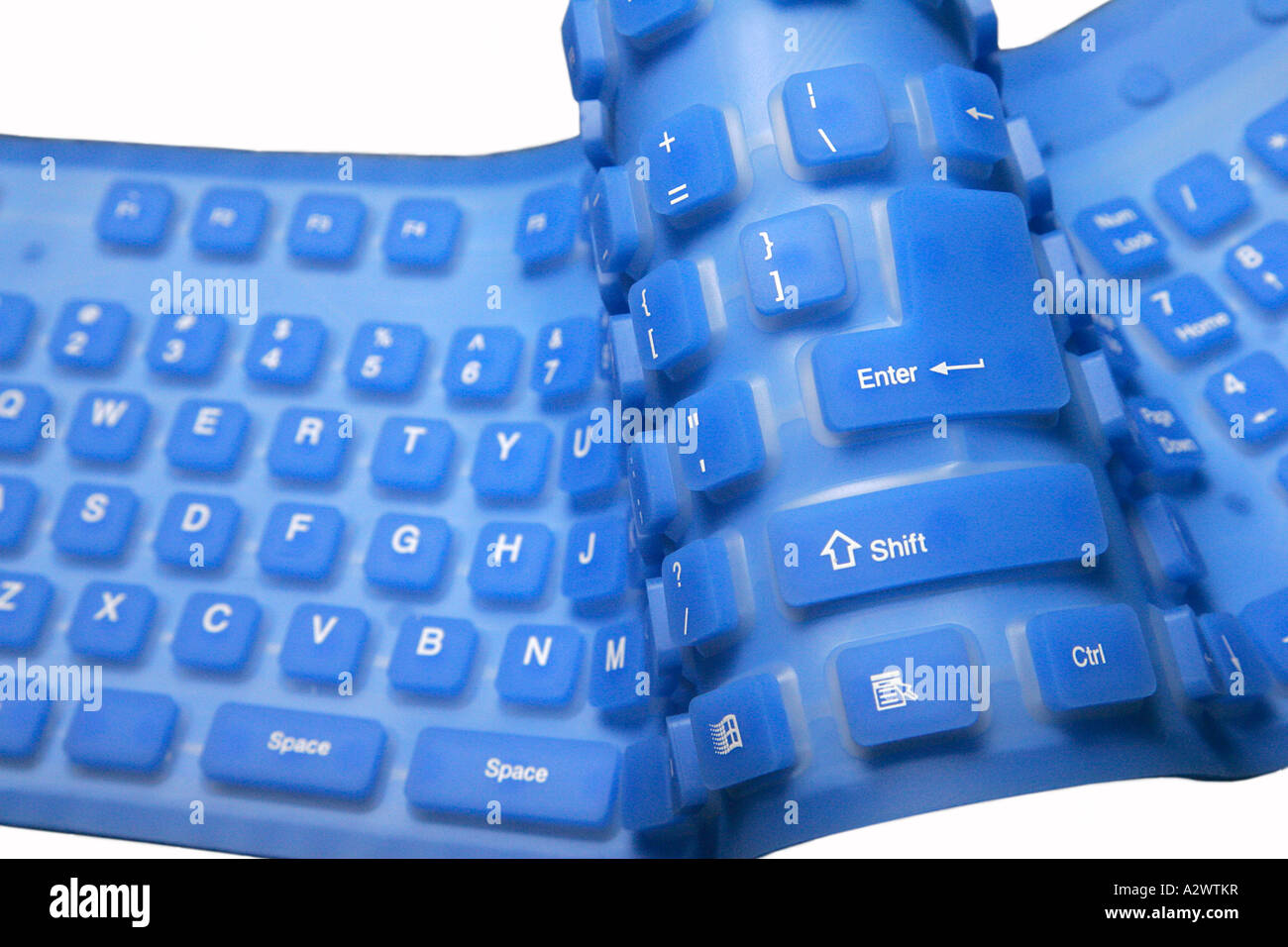 Flessibile della tastiera blu simbolo di computer collegamento internet azione chiudi estesa fino a chiave tecnologia closeup barra spazio poco profondo Foto Stock