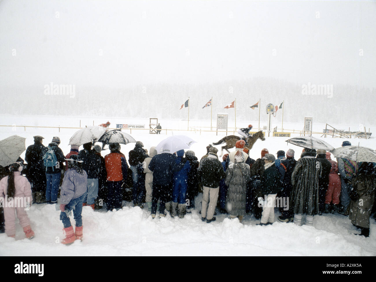 Gli scommettitori wathching corse di cavalli sul lago ghiacciato di St Moritz Foto Stock