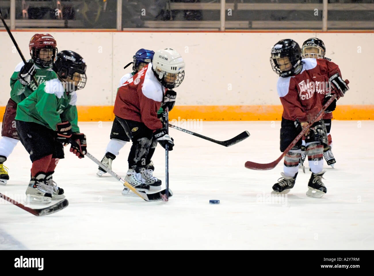 5 e 6 anno di età i bambini a imparare a giocare il gioco di hockey su ghiaccio Foto Stock
