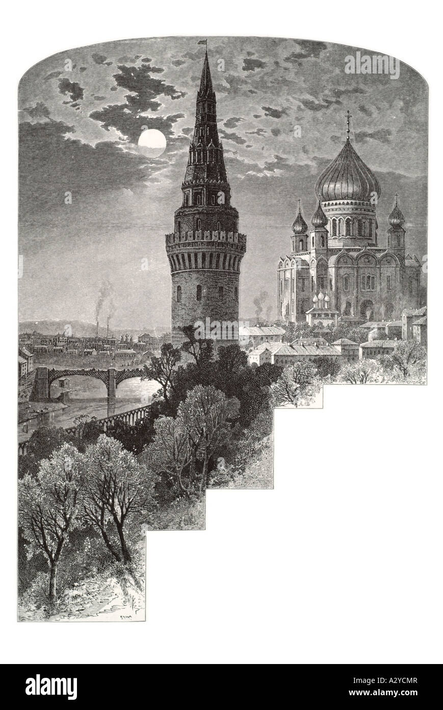 San Basilio st russo Russia Unione Sovietica Unione Sovietica luna cristiano ortodosso di ponte sul fiume Moskva Spassky round al chiaro di luna Foto Stock