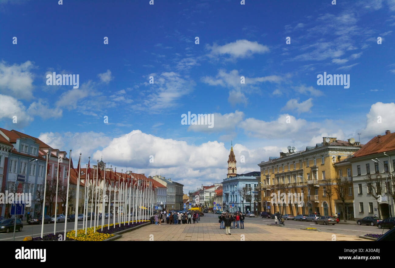 Bandiera poli e guglie della chiesa nella piazza del Municipio di Vilnius Lituania Foto Stock