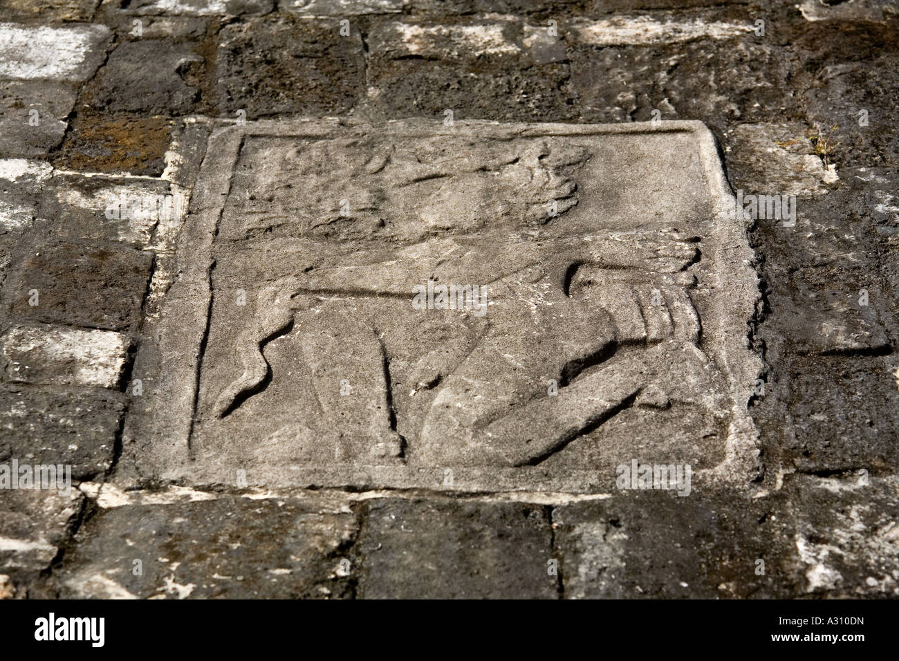 Un grafico della pietra che intaglia presso la Corte a sfera presso le rovine di una città maya di Coba in Messico Foto Stock