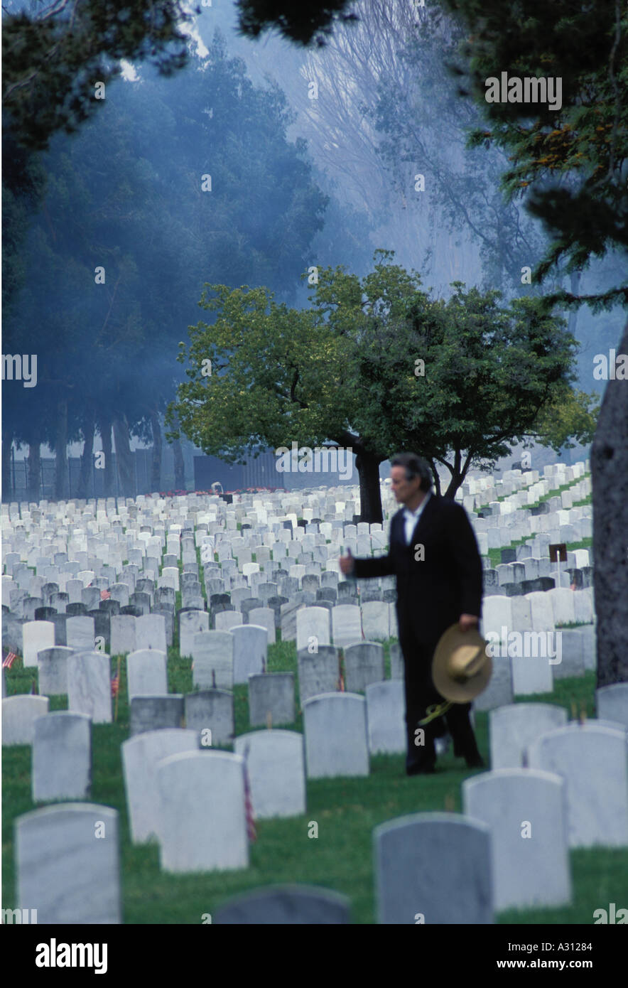 Uomo al cimitero con bandierine americane e blu nebbia di fumo Foto Stock