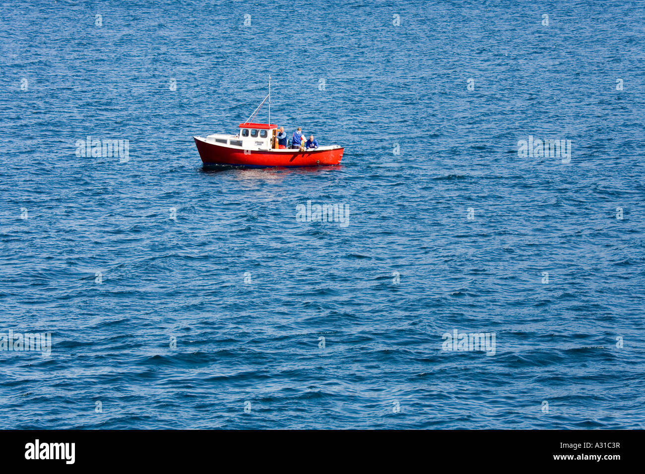 Tre uomini in una barca in Frohavet NW di Trondheim in Norvegia Foto Stock