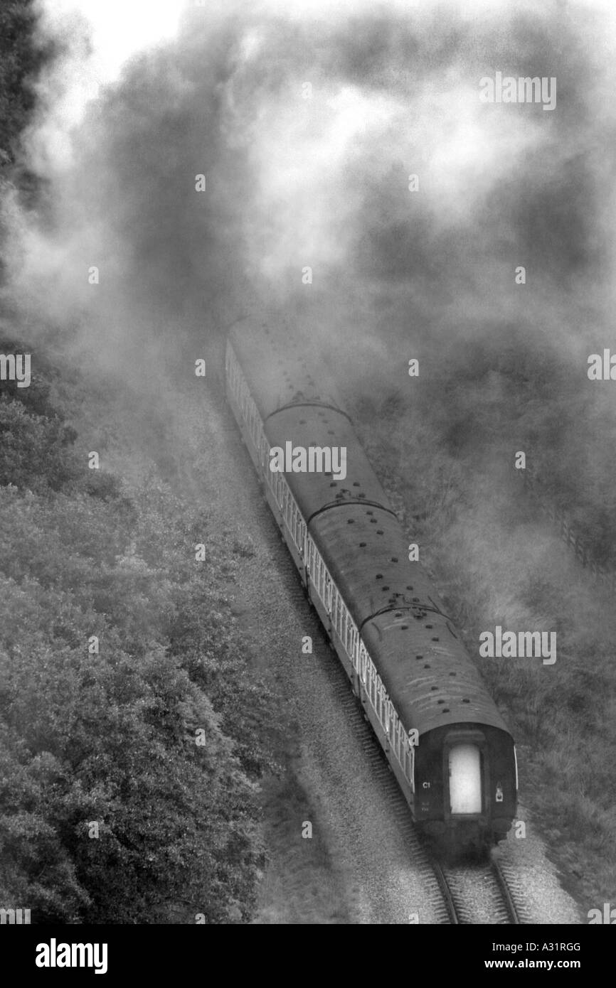 Carrelli scomparendo nel vapore lasciato dal locomotore. Foto Stock