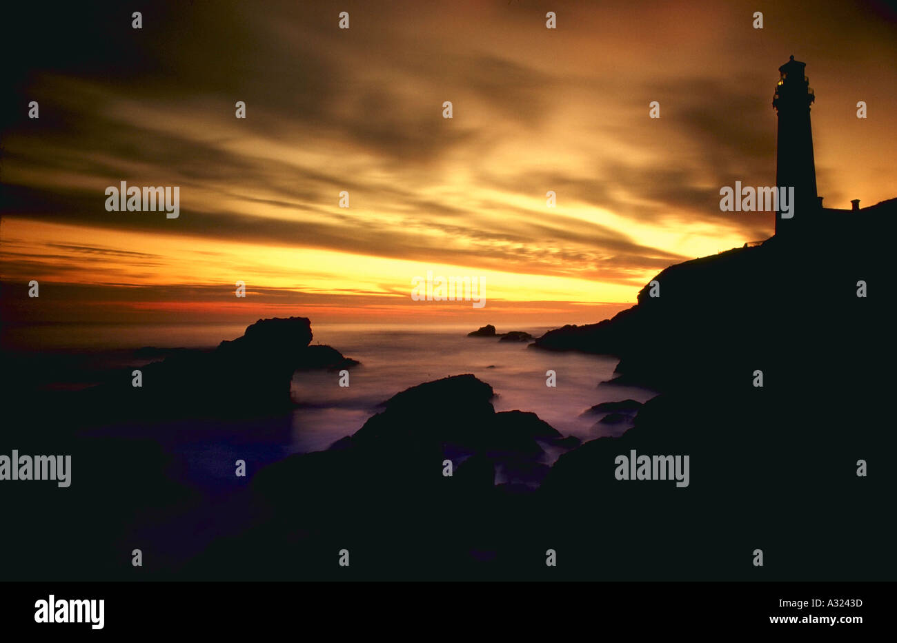 Pigeon Point Lighthouse contro sunset California Foto Stock