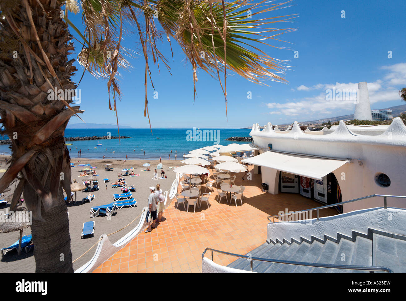 Beachfront cafe, Playa de las Americas, Tenerife, Isole Canarie, Spagna Foto Stock