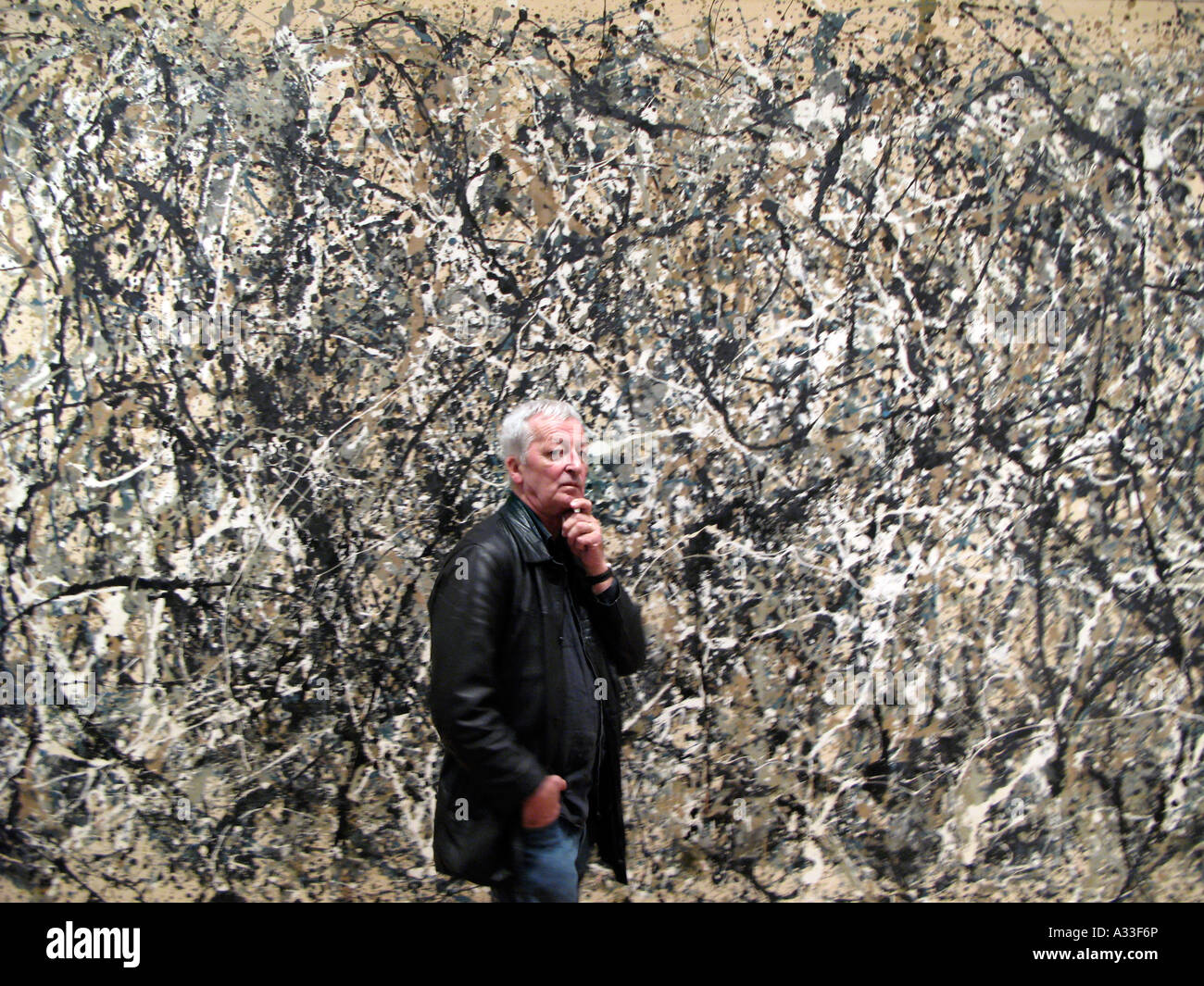 Un visitatore al MOMA il museo di arte moderna di Manhattan New York medita Jackson Pollock uno: numero 31, 1950. Foto Stock