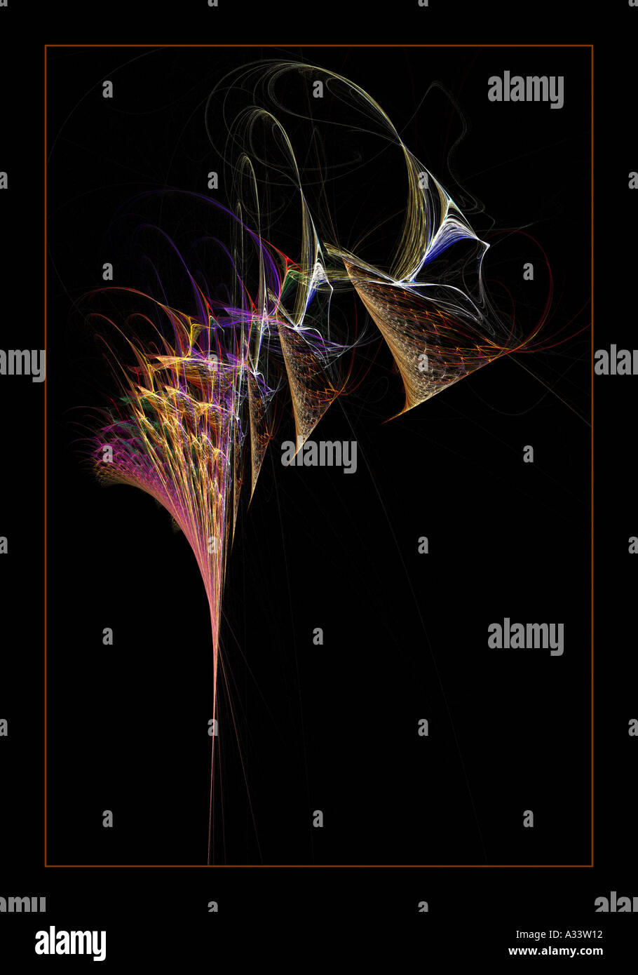 Frattale di fiamma - golden orange abstract fractal contro uno sfondo nero Foto Stock