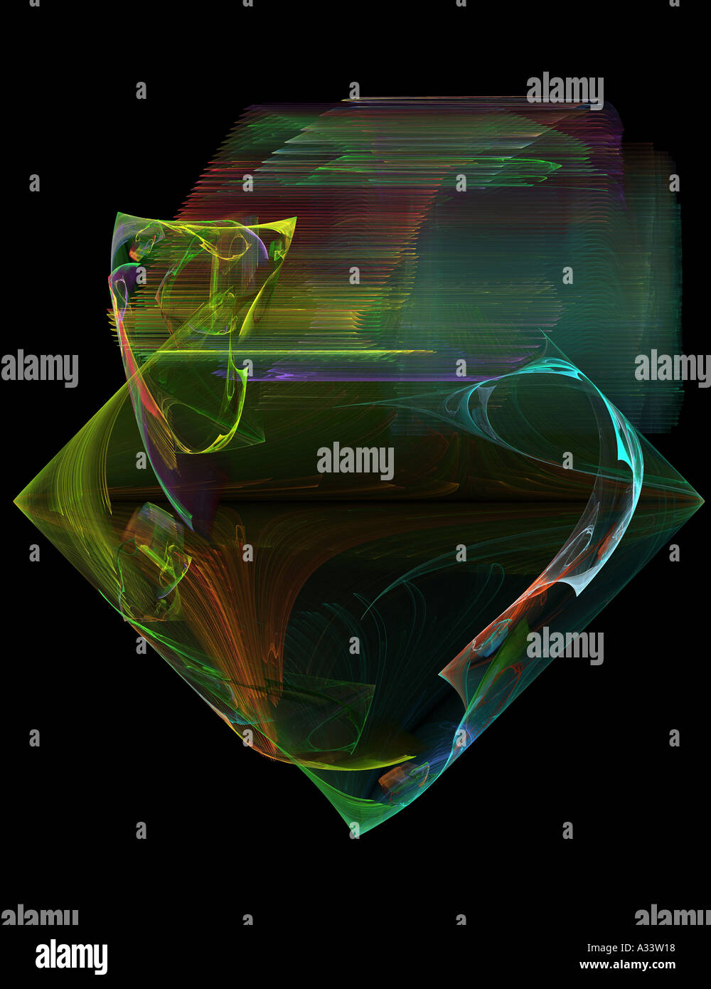 Frattale di fiamma - verde e giallo abstract fractal contro uno sfondo nero Foto Stock