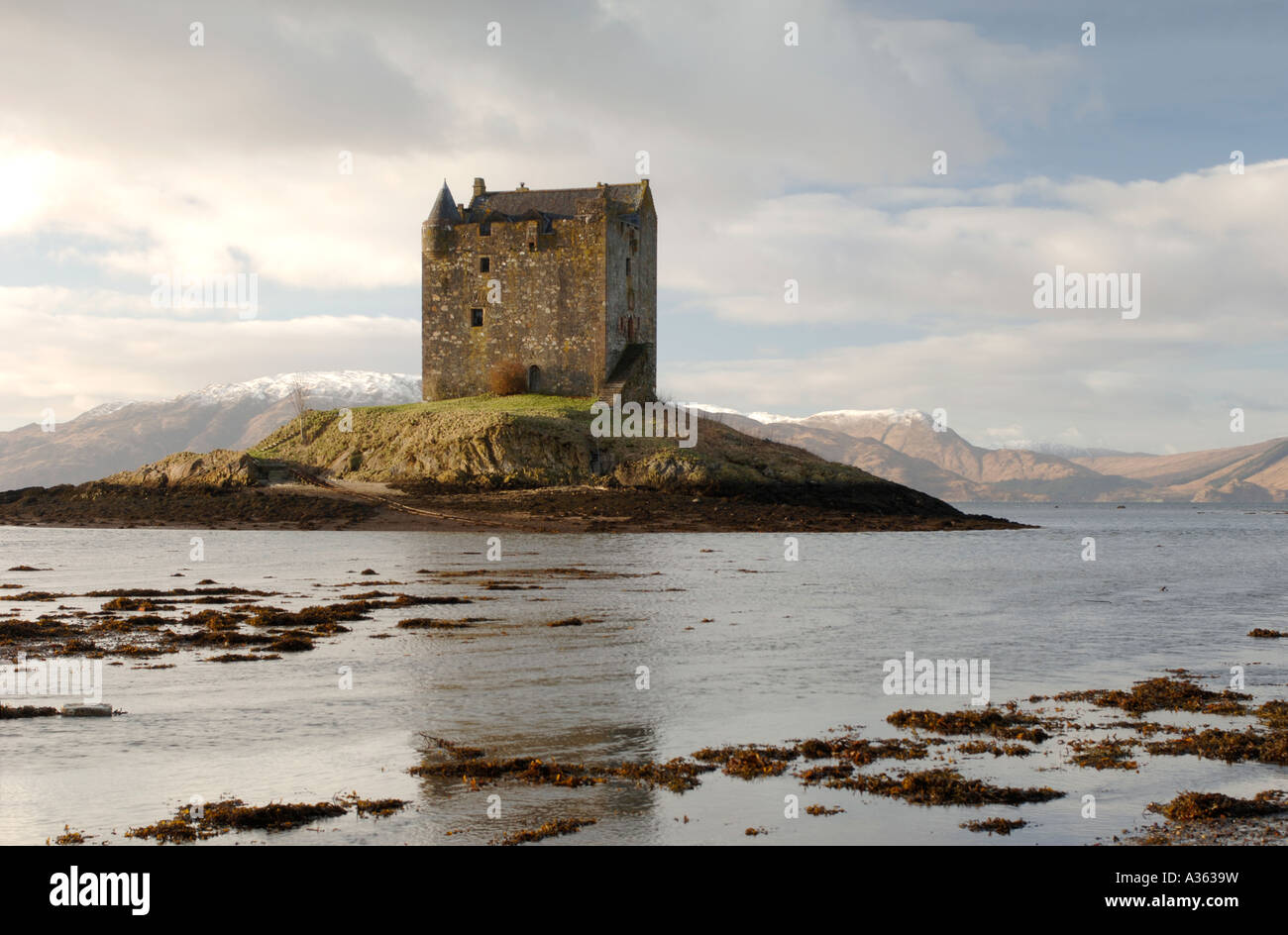Castle Stalker sul Loch Linnhe in Appin distretto di Argyll & Bute. XPL 4574-431 Foto Stock