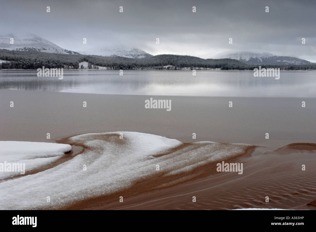 Loch Morlich nella morsa di inverno, Strathspey, Highlands Scozzesi. XPL 4560-430 Foto Stock