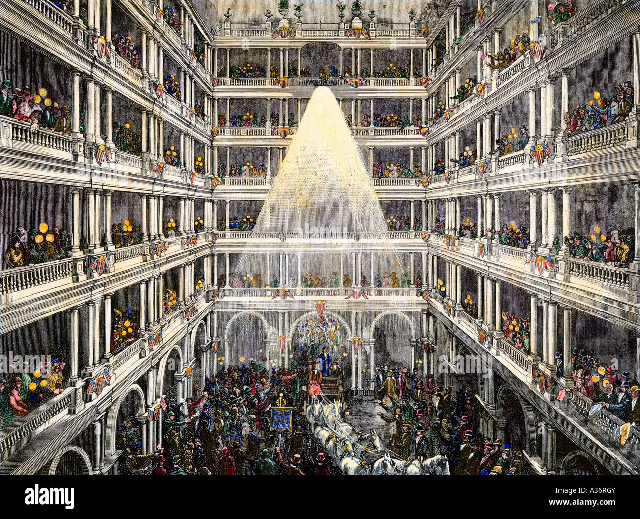 Ex-President Ulysses S. Grant accolti a San Francisco in occasione di un ricevimento al Palace Hotel 1879. Colorate a mano la xilografia Foto Stock