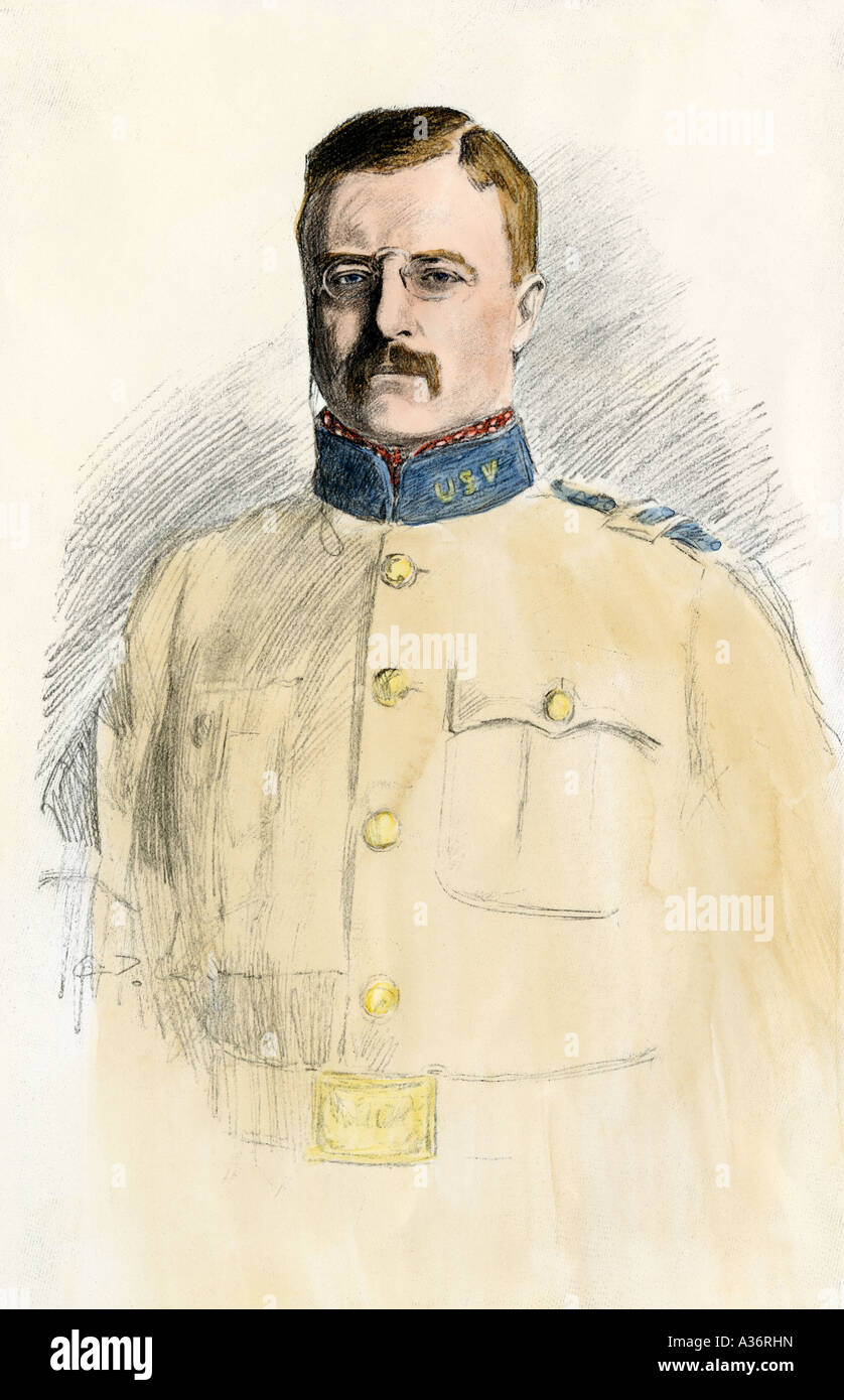 Il colonnello Theodore Roosevelt comandante del Rude piloti nella guerra ispano-americana 1890s. Colorate a mano di mezzitoni Charles Dana Gibson illustrazione Foto Stock