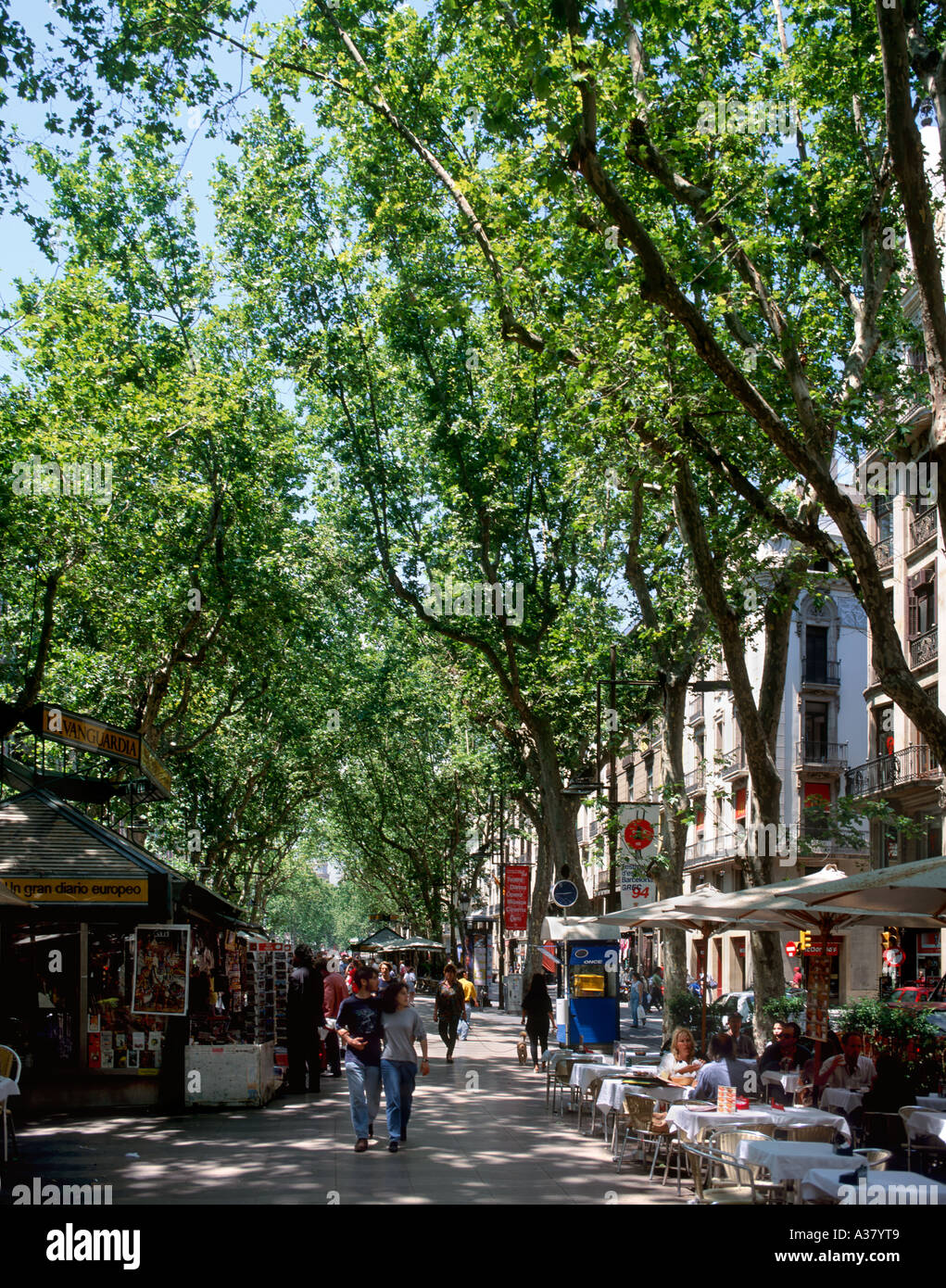 Ristorante e chiosco sulla Rambla (Las Ramblas, Barcelona, Catalunya, Spagna Foto Stock