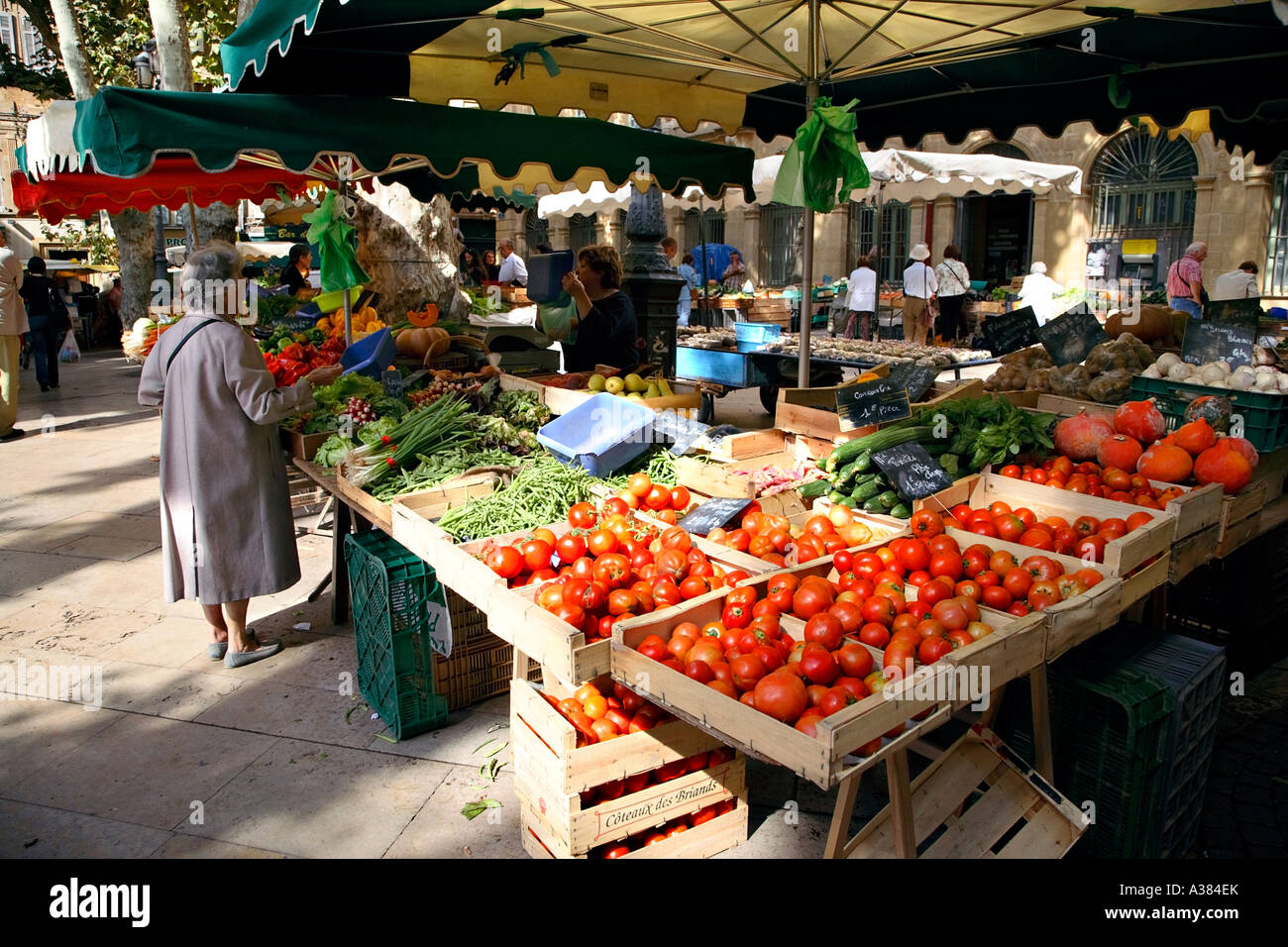 Richelmi piazza mercato in Aix en Provence, Francia. Foto Stock