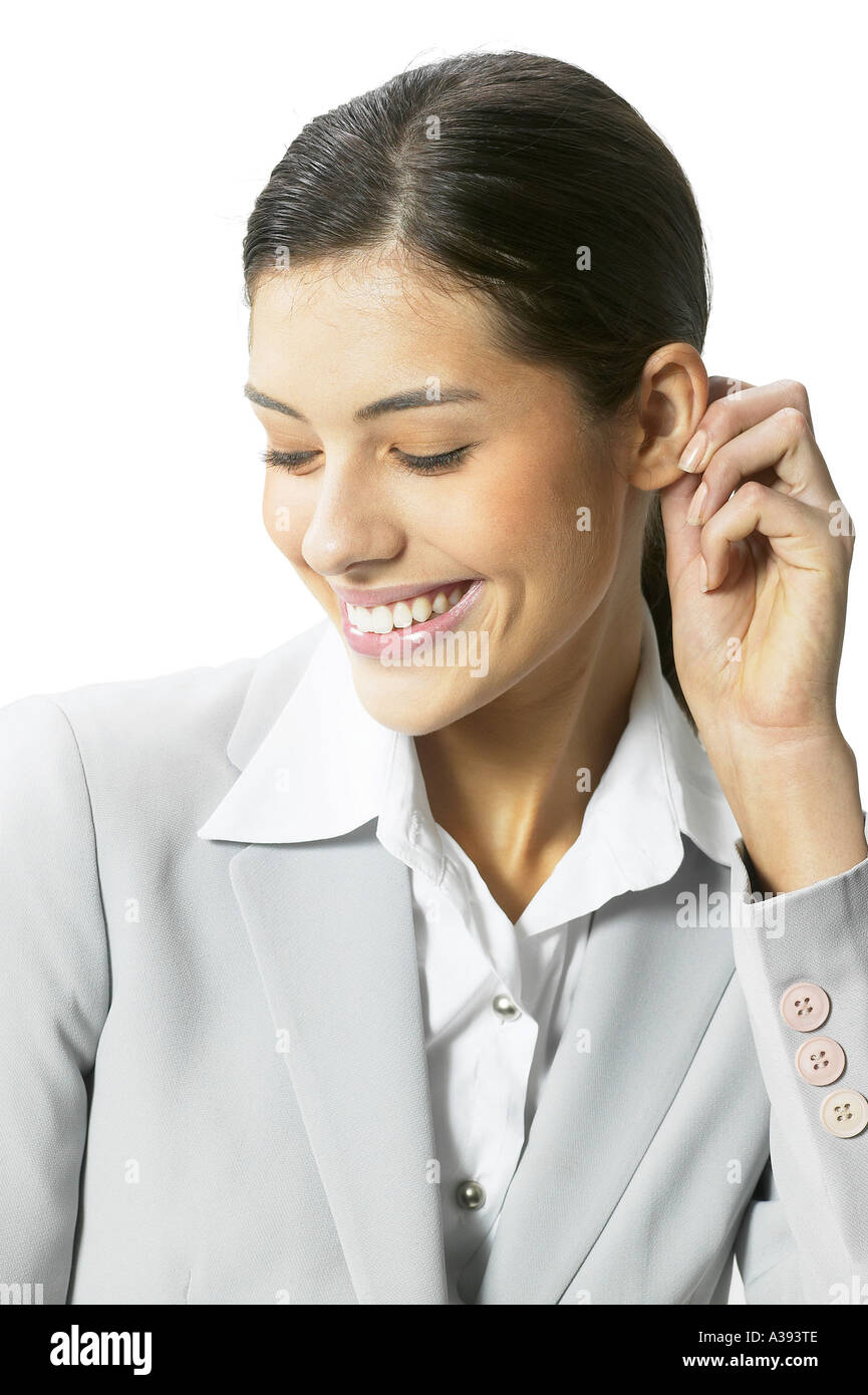 Un business donna con sorriso toothy. Foto Stock