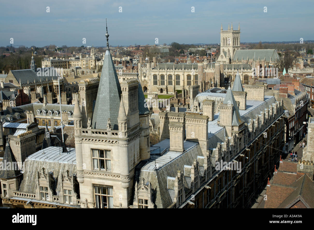 Vista aerea di Cambridge U K attraverso Gonville e Caius College Trinity Foto Stock