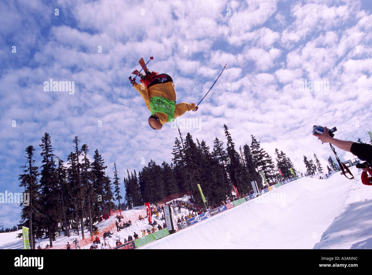 Whistler, BC, British Columbia, Canada - uno sciatore Freestyle concorrenti a superpipe della concorrenza a Halfpipe sul Monte Blackcomb Foto Stock