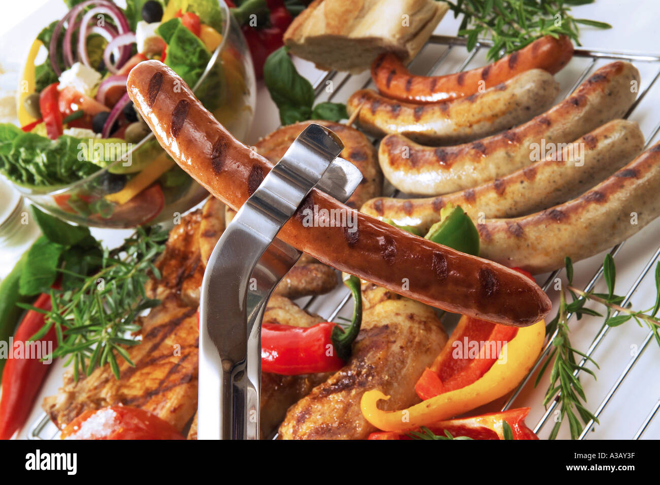 Salsicce alla griglia, close-up Foto Stock