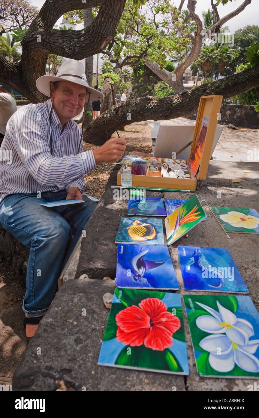 Artista James Osterberg Jr pittura scena di Kailua Bay su Ali i drive KAILUA KONA Isola di Hawaii Foto Stock