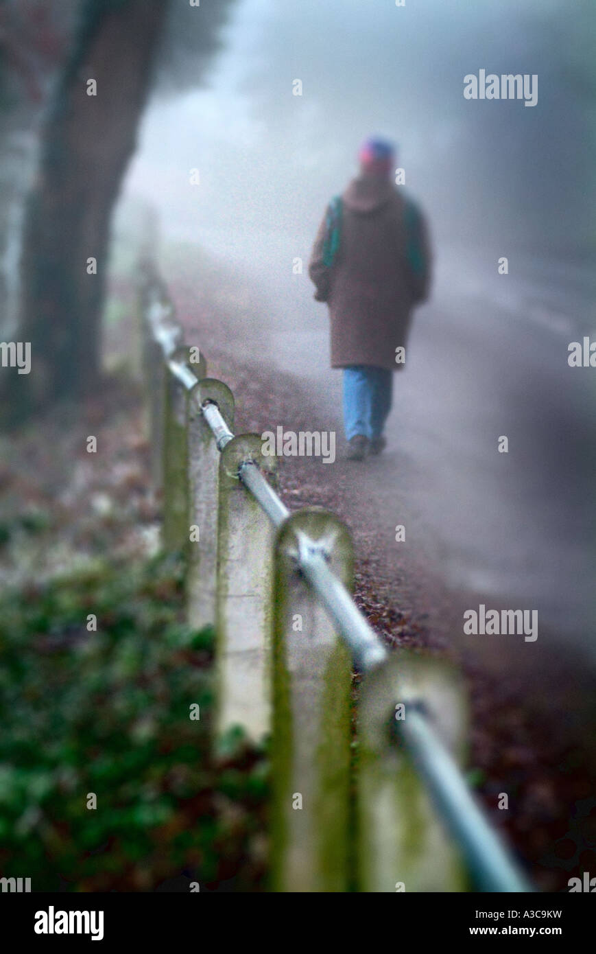 Uomo solitario a piedi in condizioni di nebbia Foto Stock