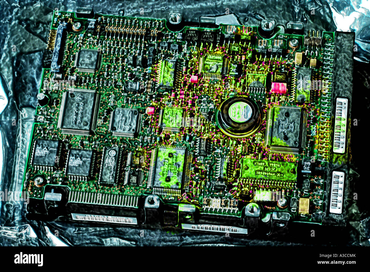 Dettaglio vista ravvicinata della scheda a circuito elettronico dal computer Foto Stock