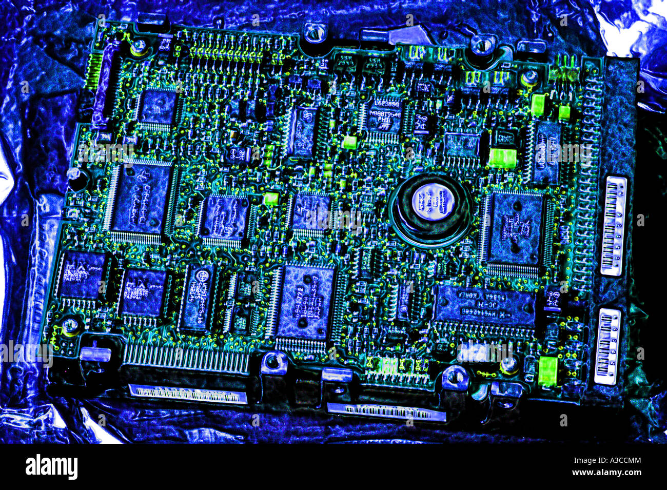 Dettaglio vista ravvicinata della scheda a circuito elettronico dal computer Foto Stock