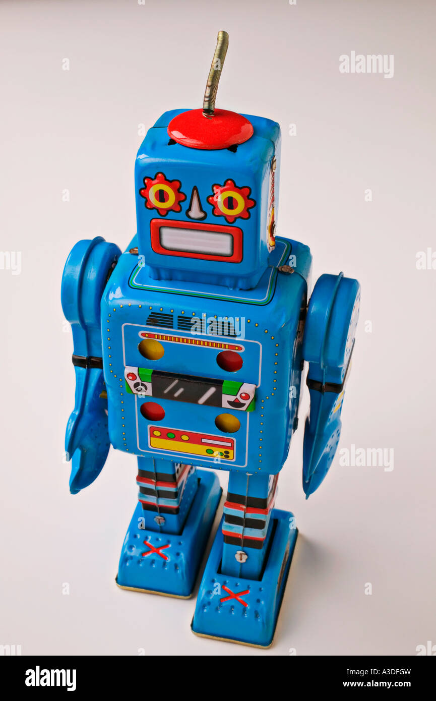 Blu robot giocattolo su sfondo bianco Foto Stock