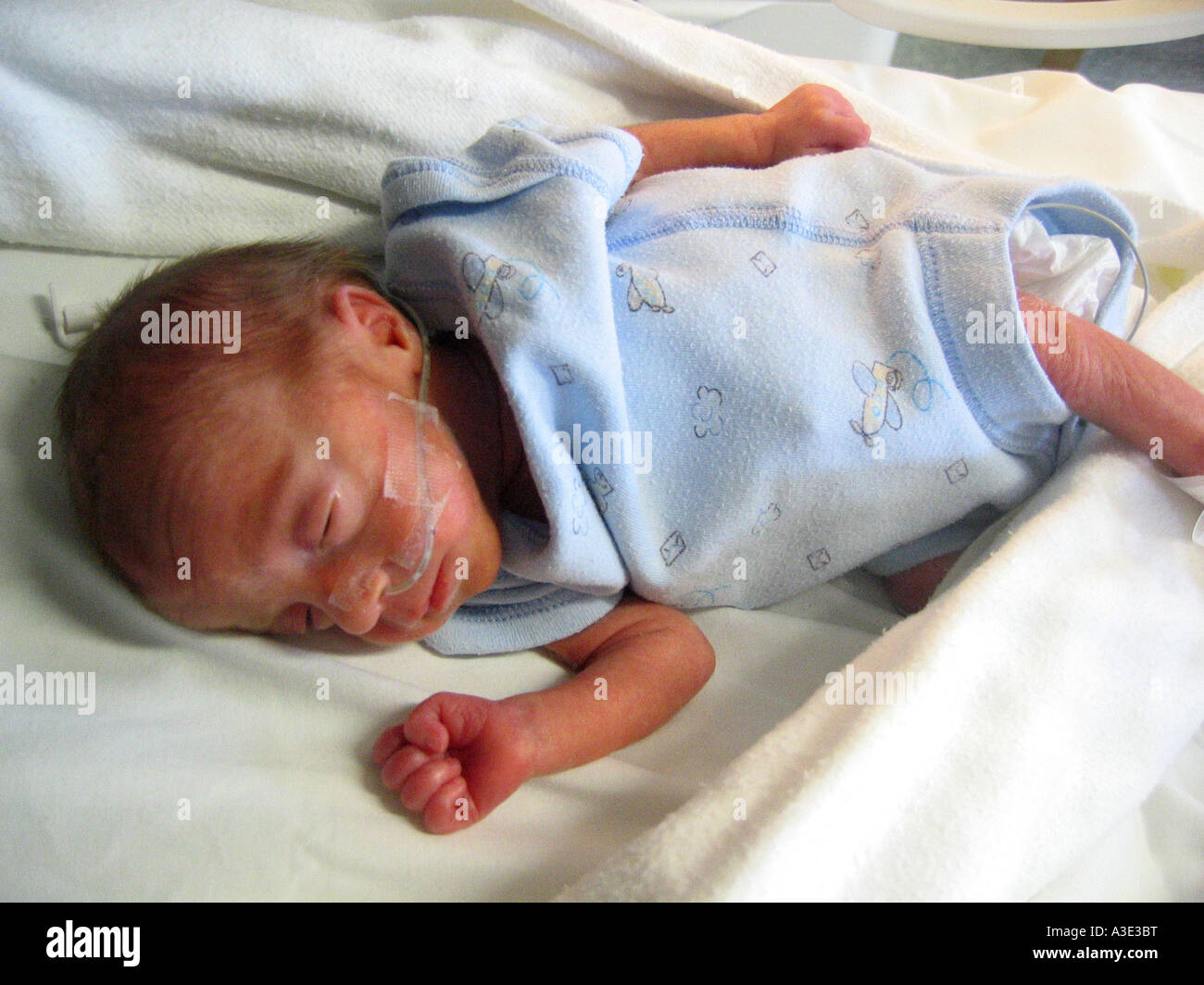 Premature baby boy nato a 28 settimane di gestazione in un incubatore che  indossa con cannula nasale Foto stock - Alamy