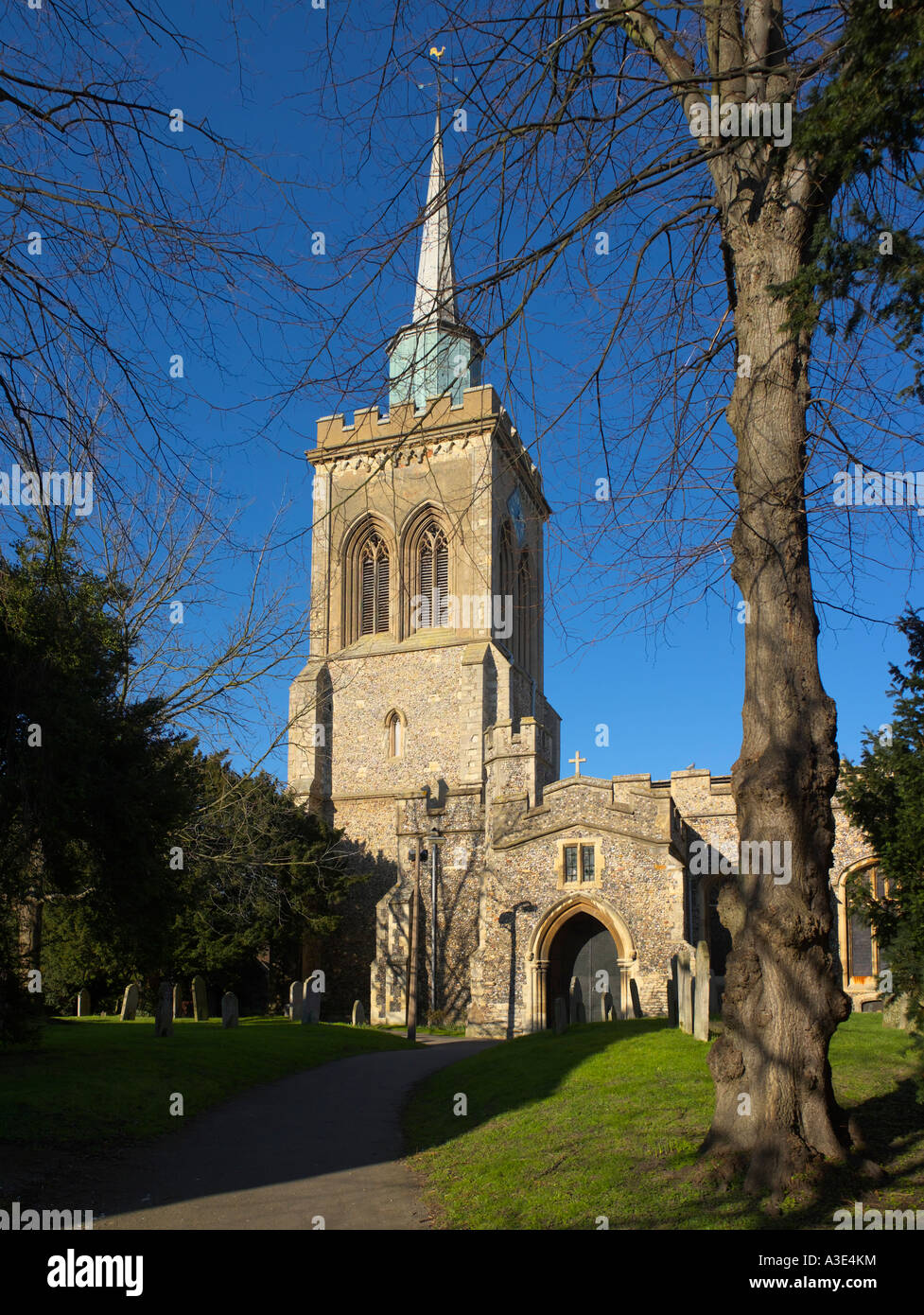 Santa Maria Vergine portico e la torre Baldock Hertfordshire Foto Stock