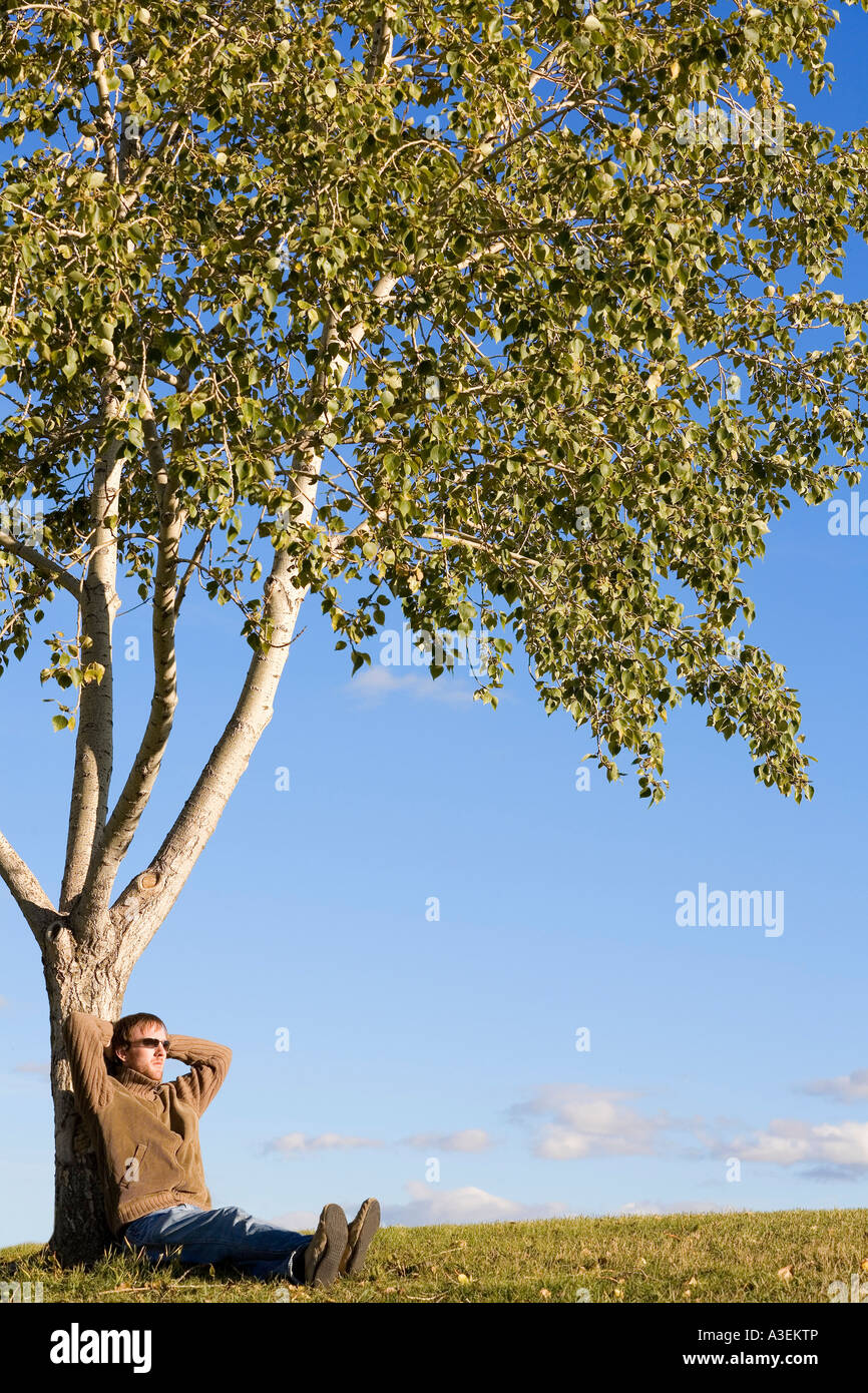 Uomo seduto sotto agli alberi Foto Stock