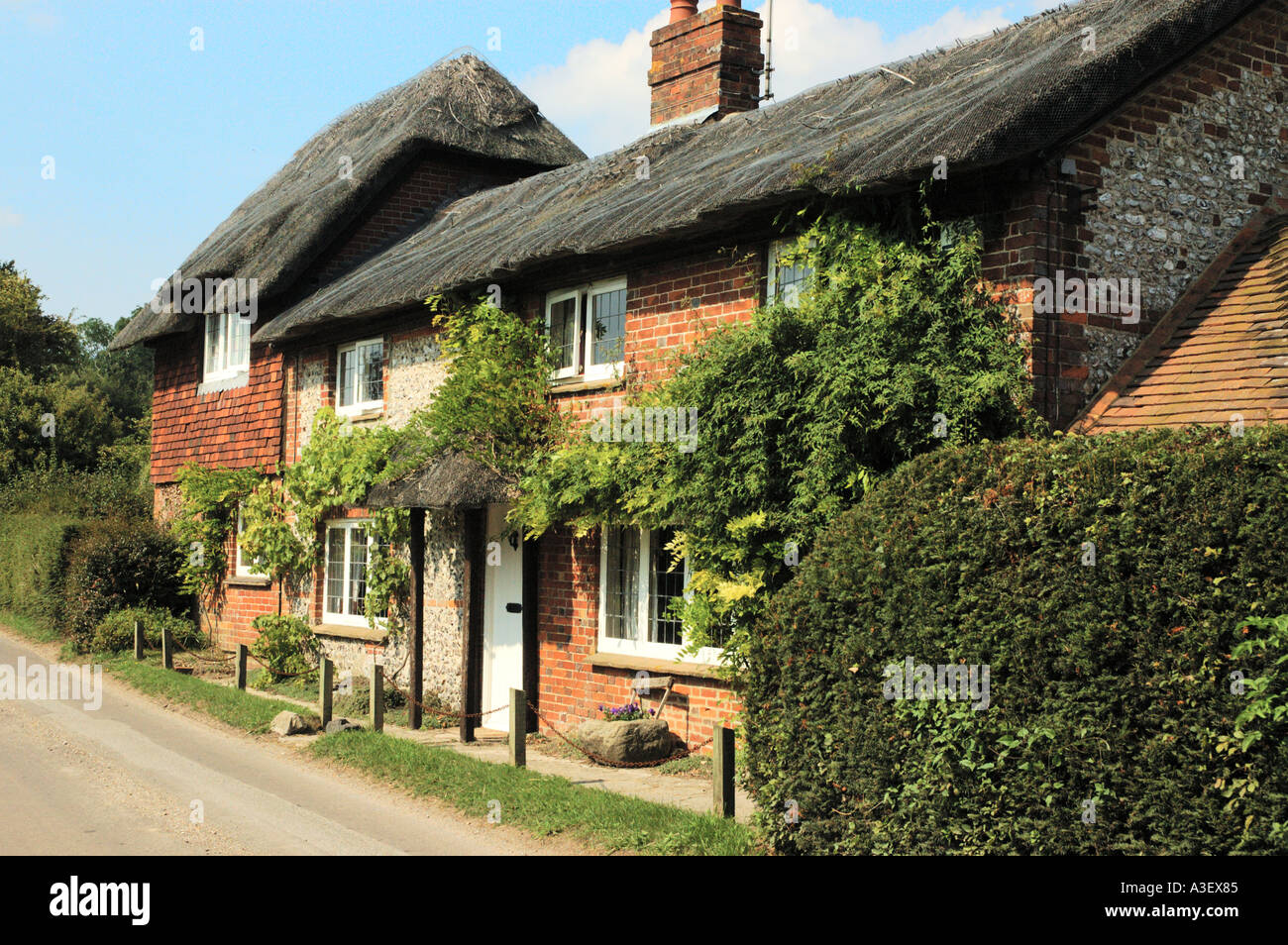 Graziosi cottage con tetto di paglia di Inghilterra Hampshire REGNO UNITO Foto Stock