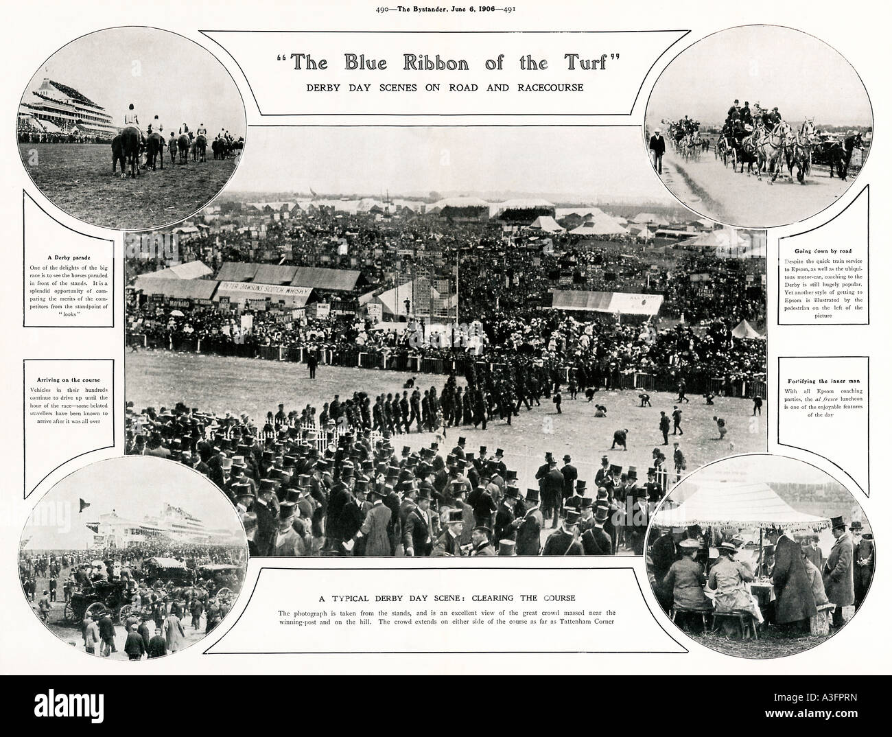 Derby Day 1906 magazine diffusione di scene sulla strada e al corso per la classica corsa di cavalli a Epsom Foto Stock