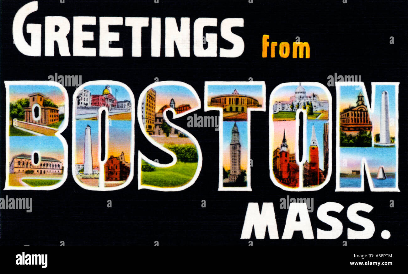 Saluti da Boston 1930 cartolina dicendo ciao dalla capitale del Massachusetts Foto Stock
