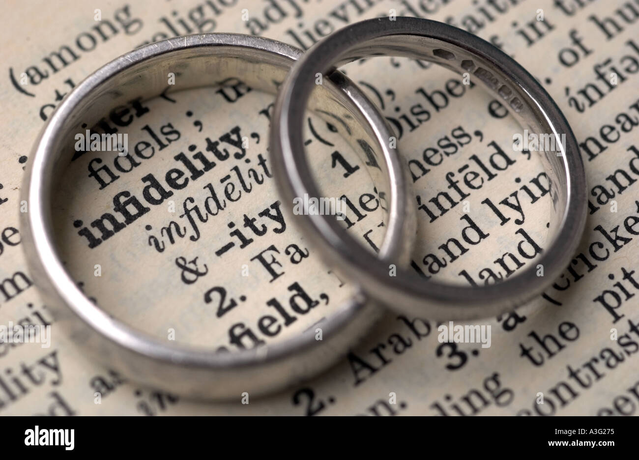 Gli anelli di nozze su un dizionario che mostra la parola infedeltà Foto Stock