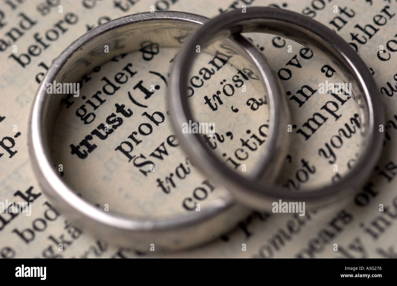 Gli anelli di nozze su un dizionario che mostra la parola fiducia Foto Stock