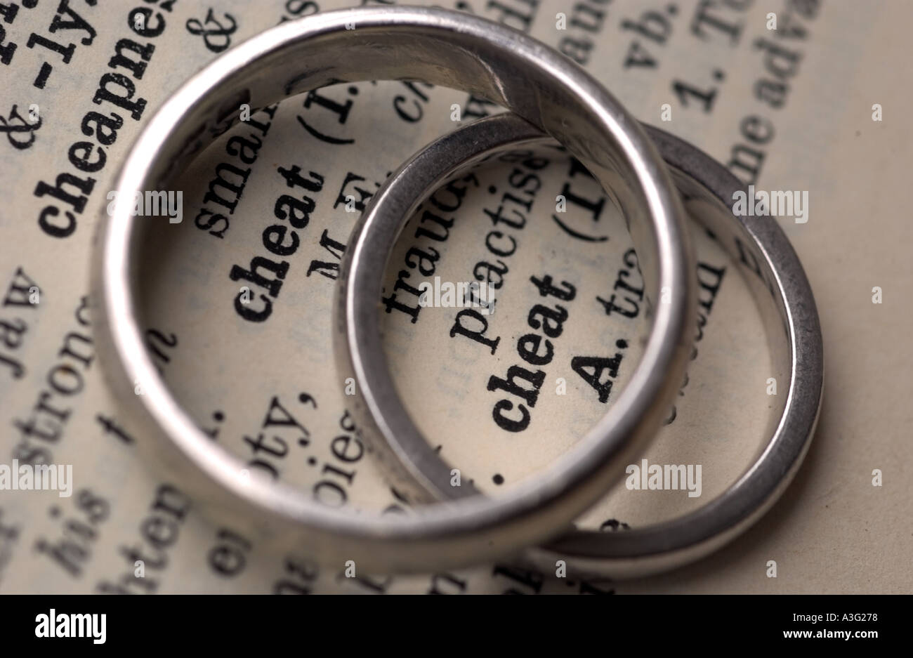 Gli anelli di nozze su un dizionario che mostra la parola cheat Foto Stock
