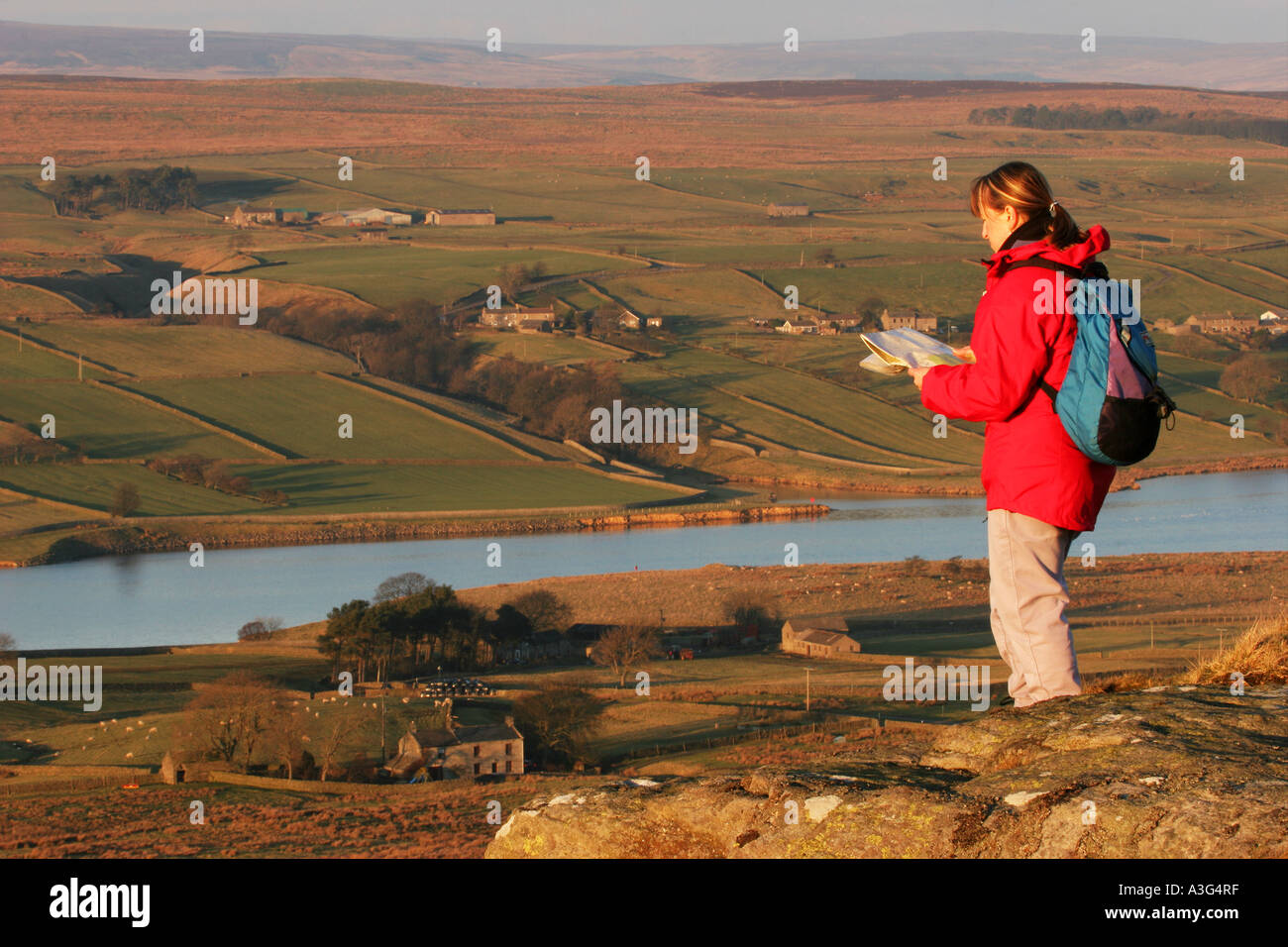 Femmina Walker Hill con mappa affacciato su Baldersdale dalla rupe Goldsborough Teesdale County Durham Regno Unito Foto Stock