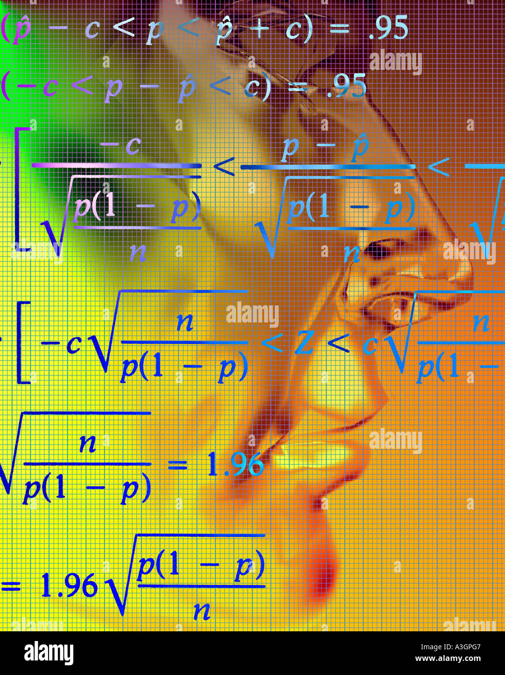 Generata da computer testa di robot con simboli proiettato sul viso Foto Stock