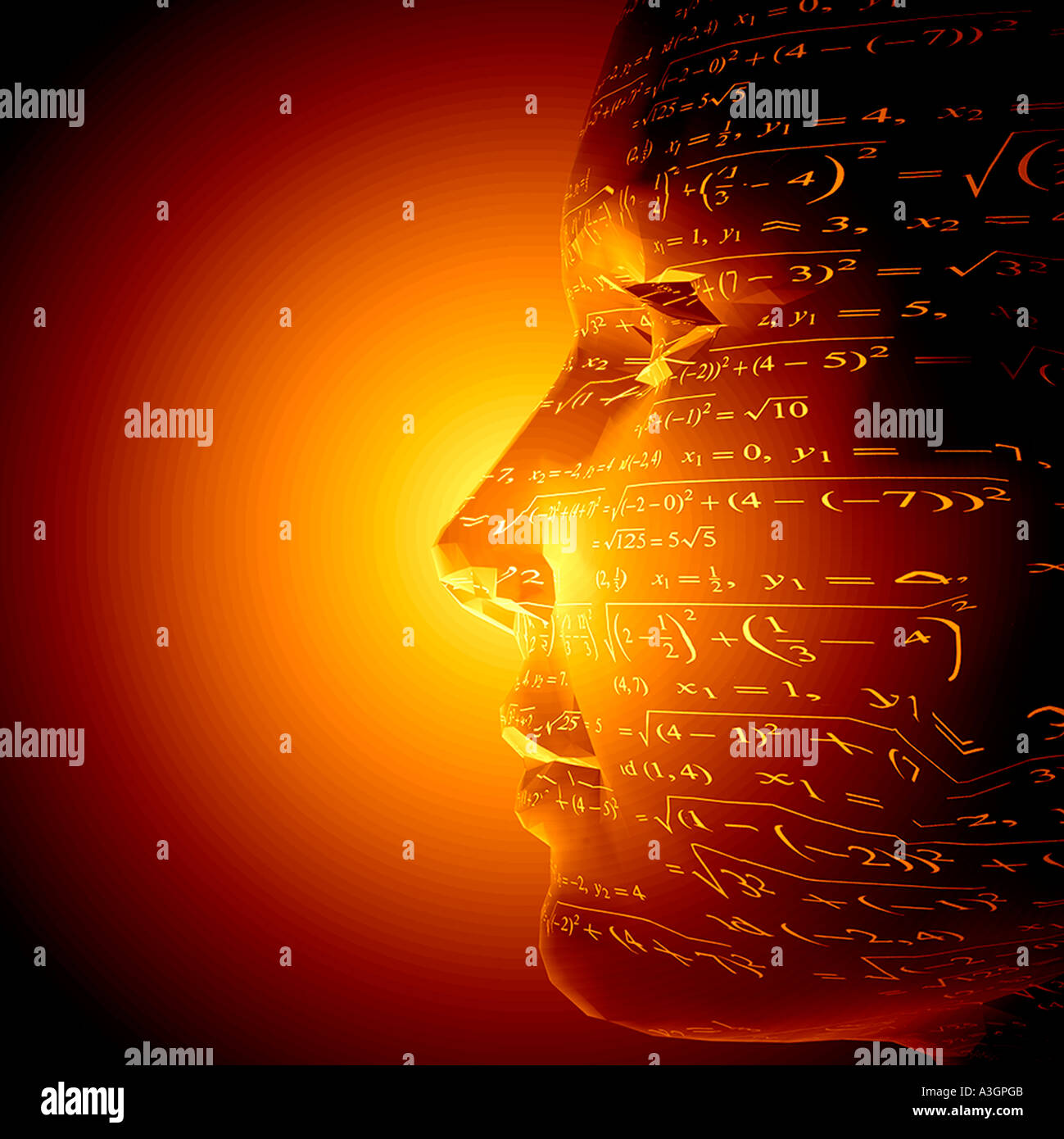 Generata da computer testa di robot con simboli proiettato sul viso Foto Stock