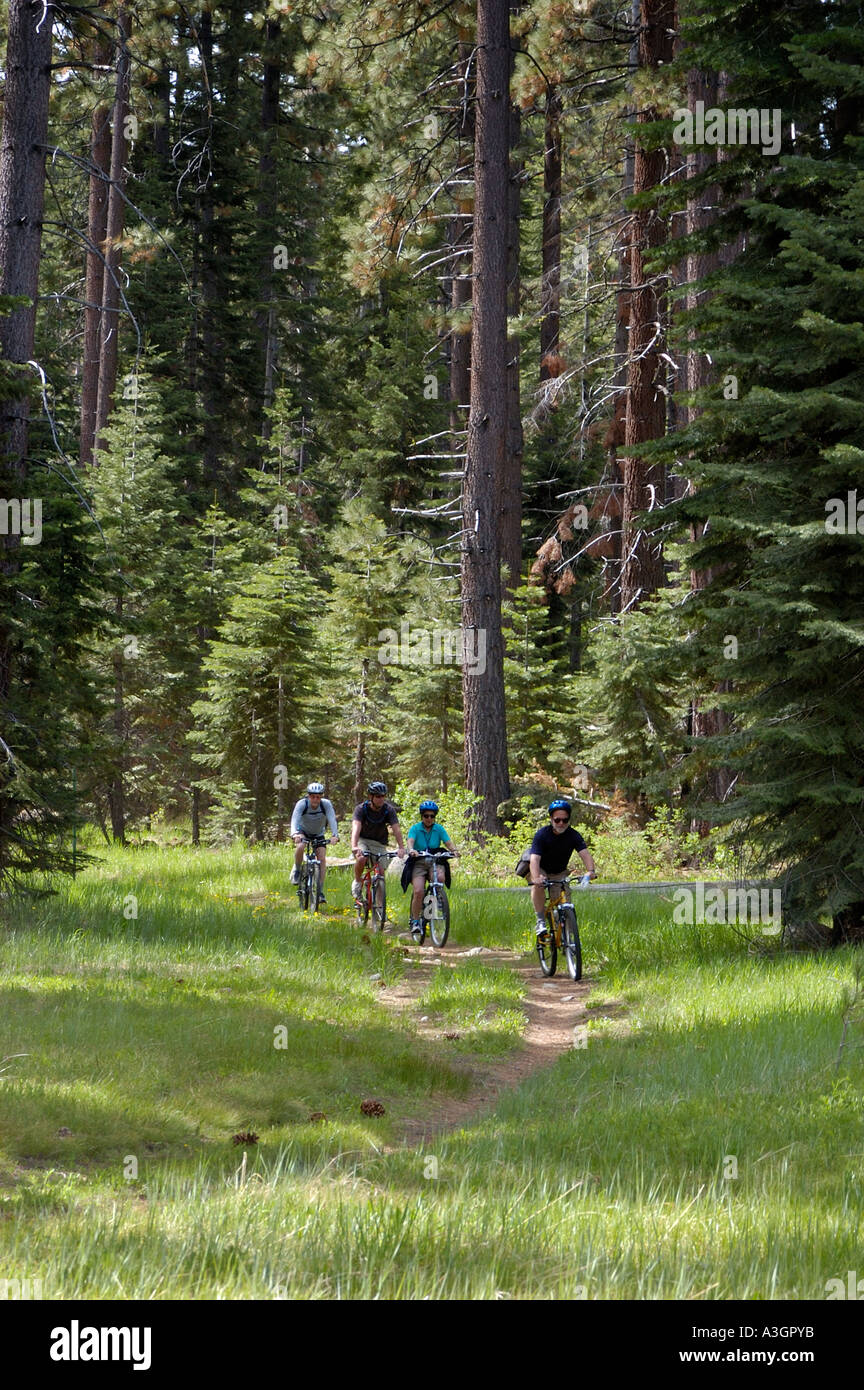 I ciclisti sulla foglia caduti Lago trail vicino a Camp Richardson Lake Tahoe California Foto Stock