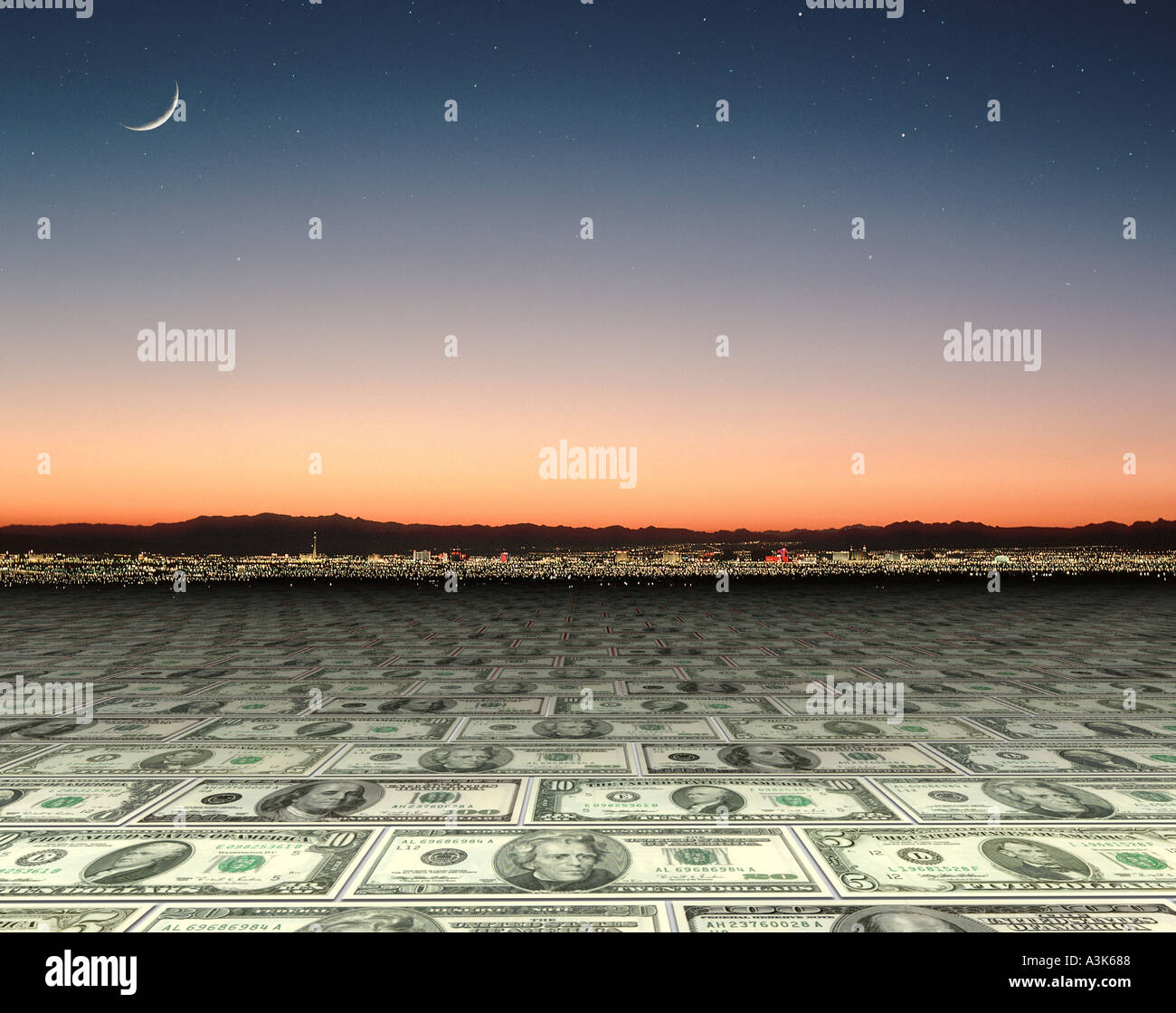 Il denaro nel deserto una linguetta nella guancia illustrazione Foto Stock