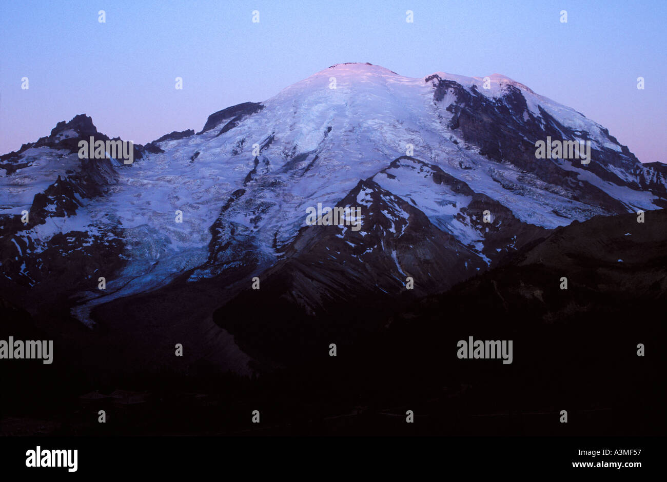 Mattina alpenglow sul monte Rainier e il Ghiacciaio Emmons Il Parco Nazionale del Monte Rainier Washington Foto Stock