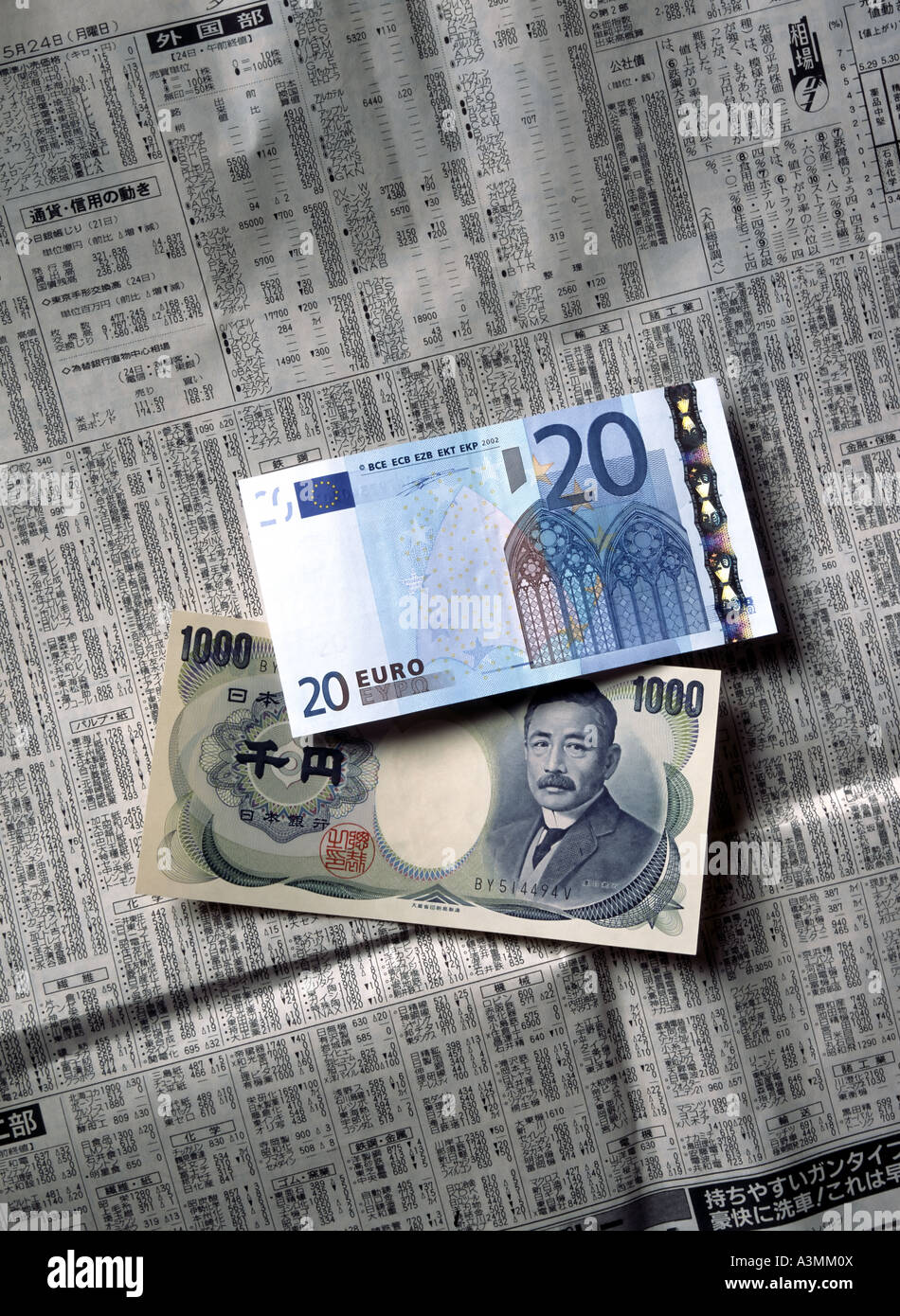 20 euro e yen 1000 banconote sul giapponese carta finanziaria Foto Stock