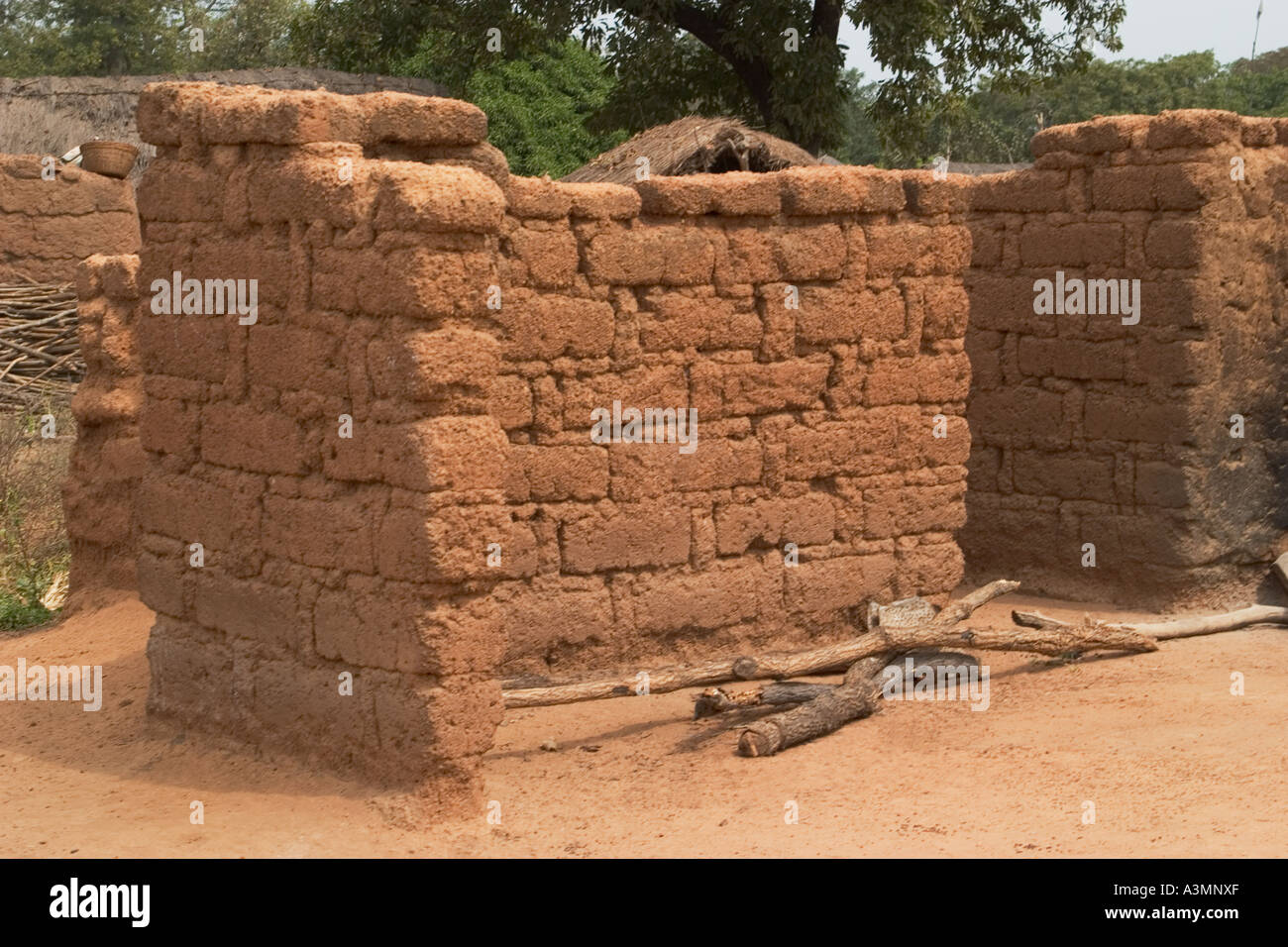Dettaglio del modellato muro di fango sulla nuova casa in costruzione nel nord del Ghana Foto Stock
